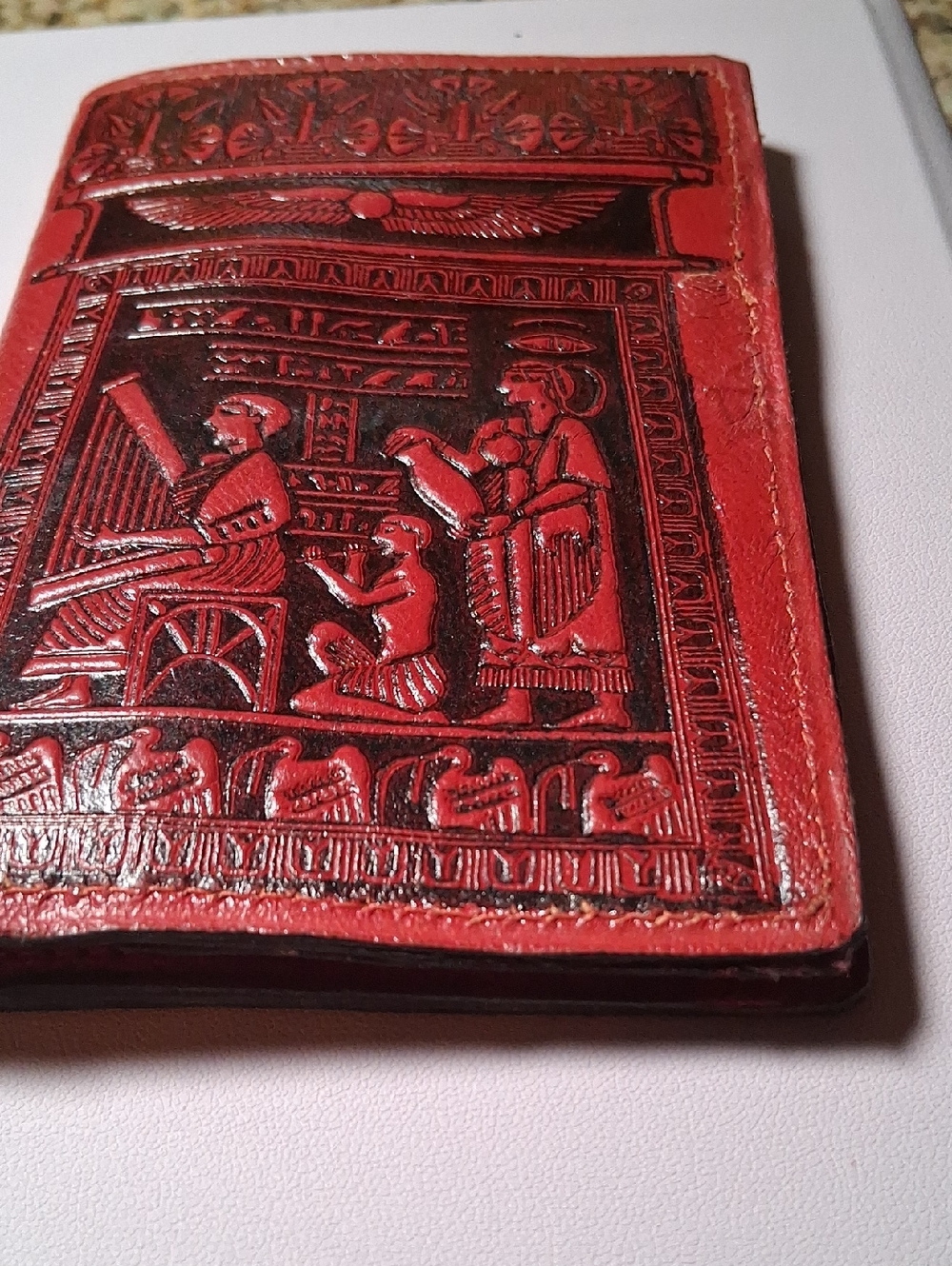Red Embossed Leather Mens Wallet - Classic Egyptian Motif